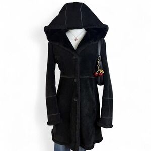 Vintage black shearling coat XS hooded suede faux